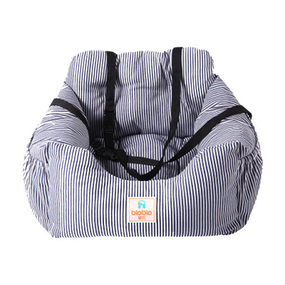 Striped baby seat with black straps on a white background
