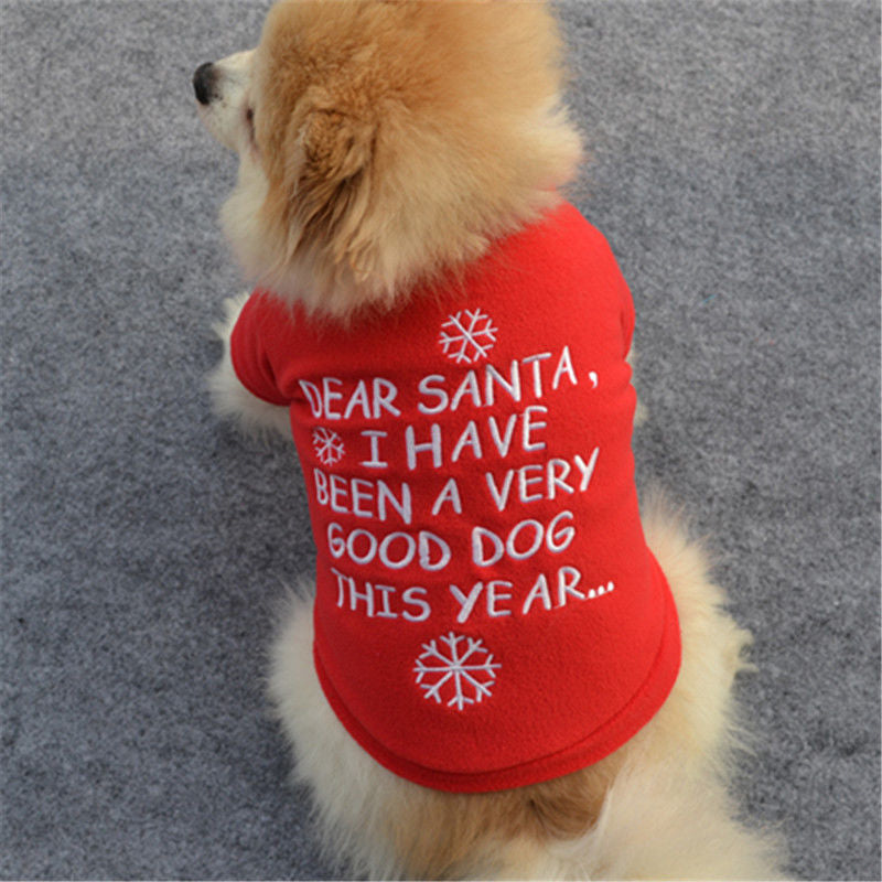 Red Christmas fleece pet costume with Christmas Scriptdesign, shown from the  back 