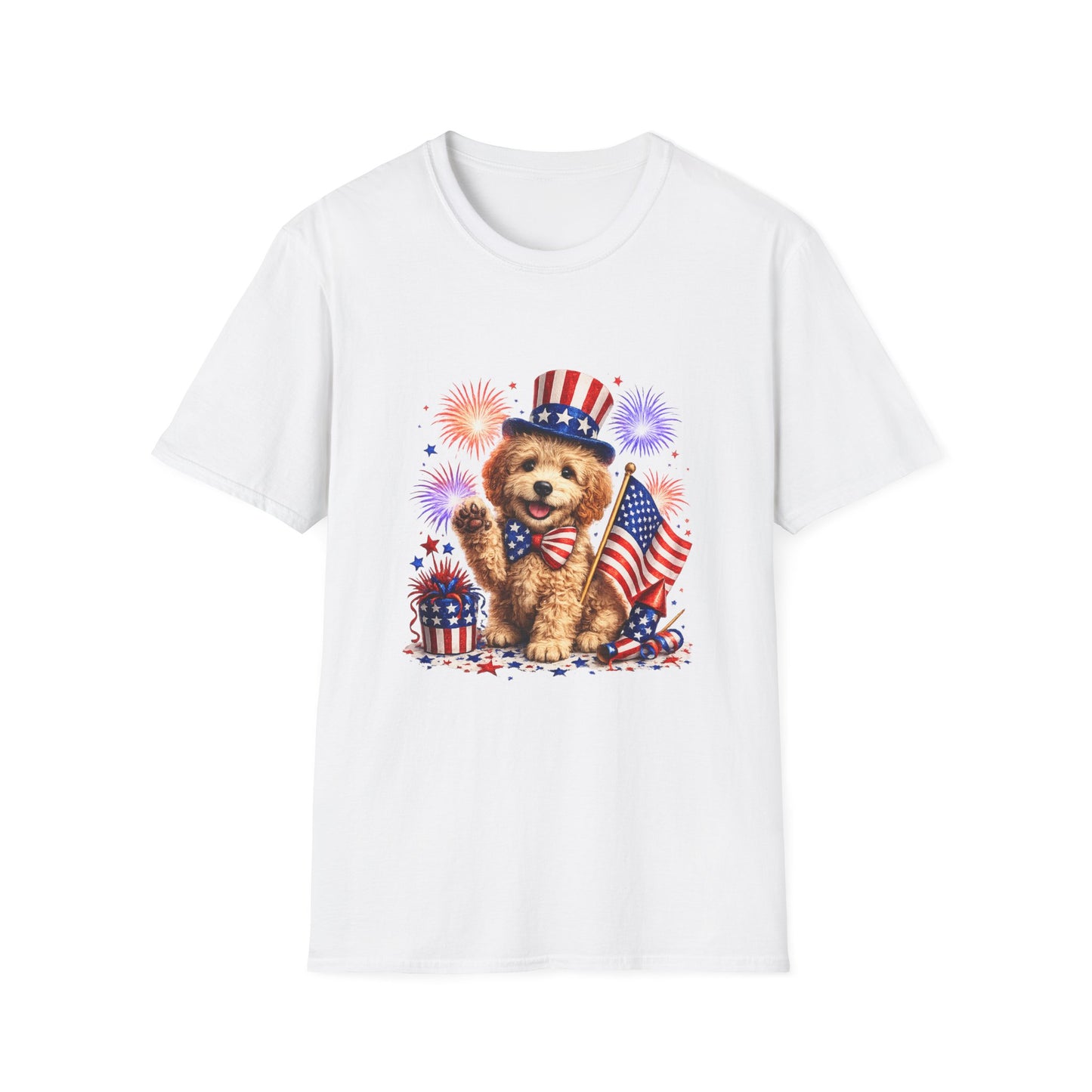 White t-shirt with a bear holding an American flag and fireworks design on a white background