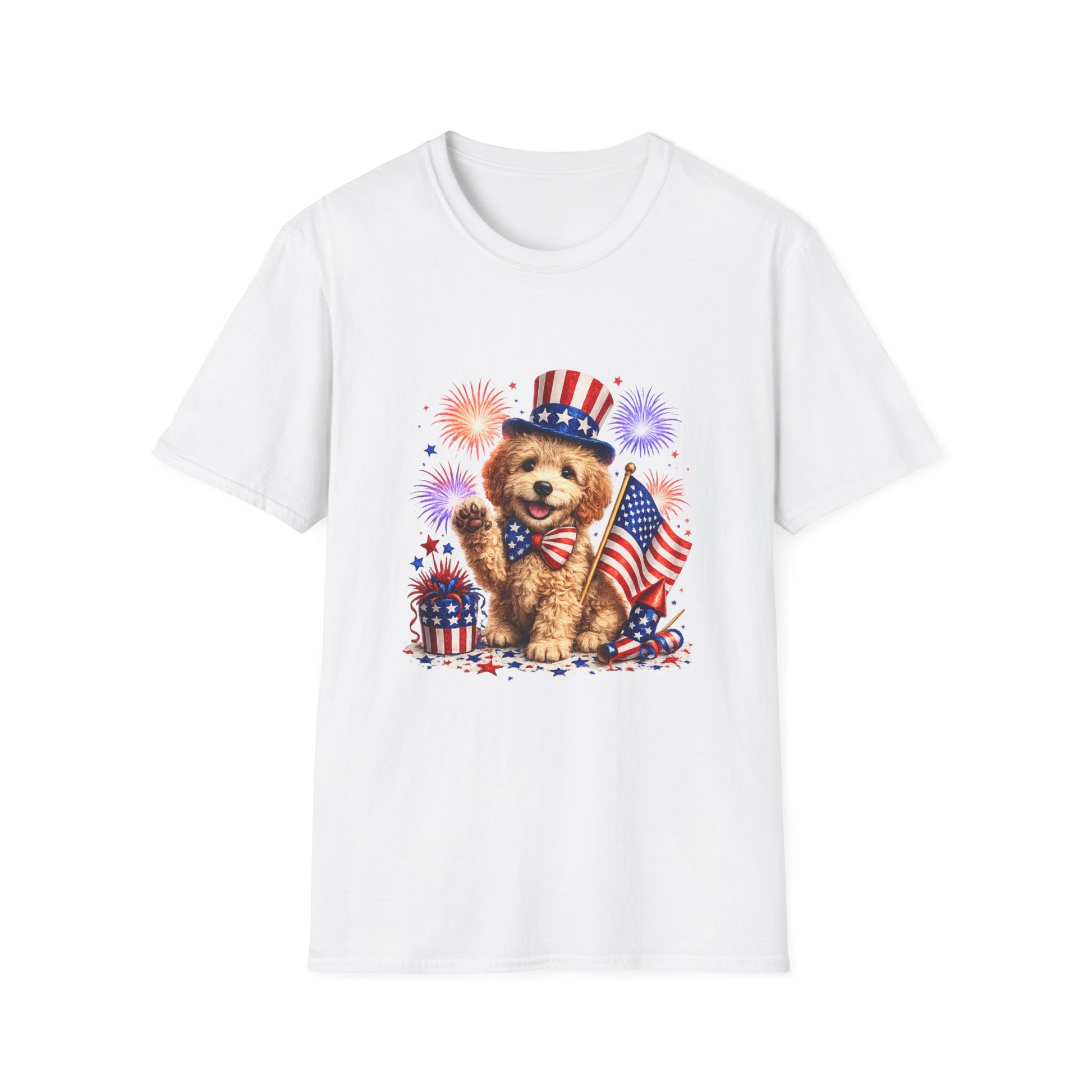 White t-shirt with a bear holding an American flag and fireworks design on a white background