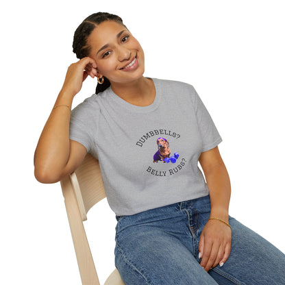 Woman wearing a gray t-shirt with a graphic and text, sitting on a chair against a white background