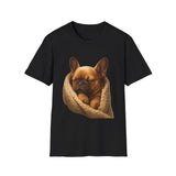 Black t-shirt with a dog in a knitted blanket graphic on a white background