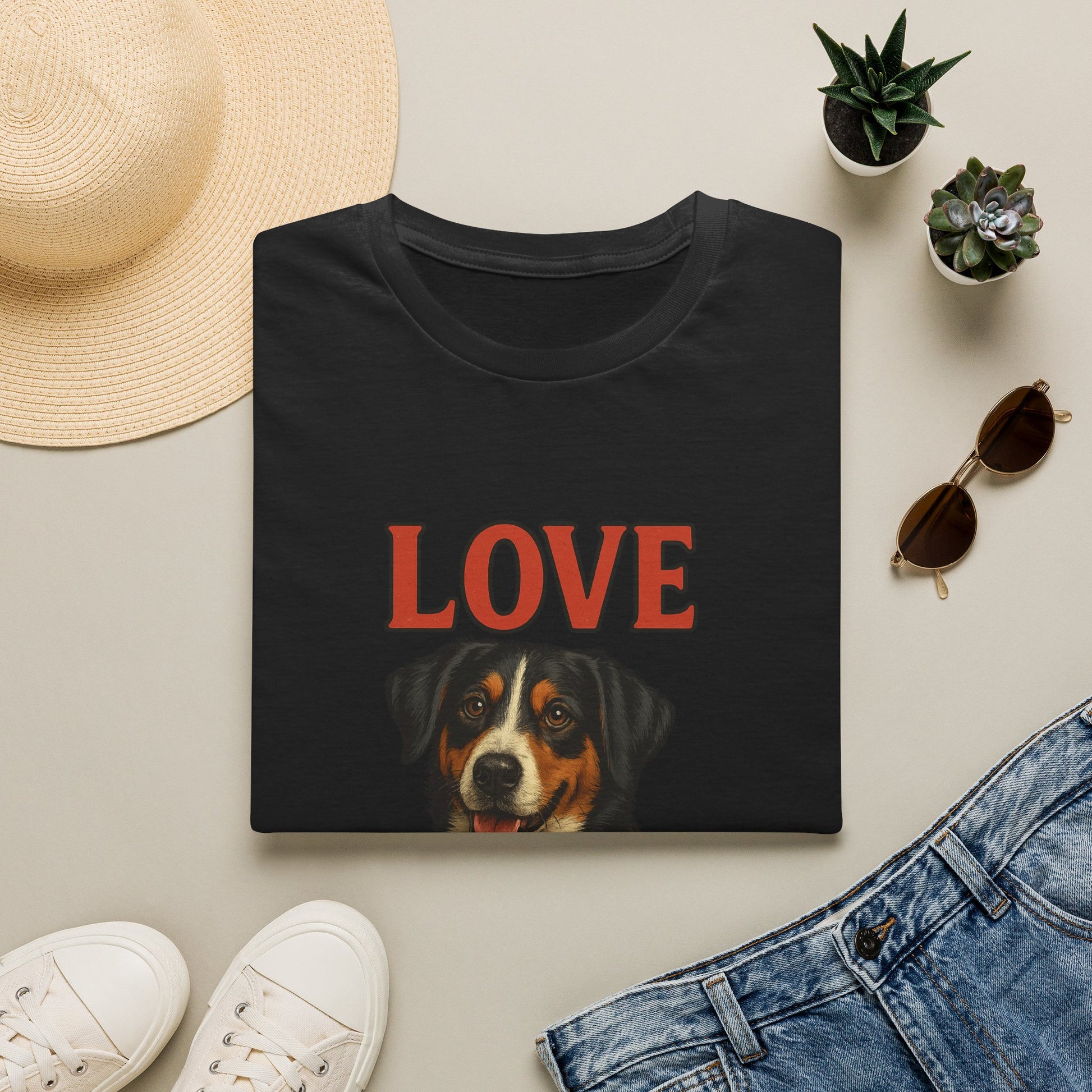 Black t-shirt with a dog illustration and 'LOVE' text, surrounded by casual items on a light surface.