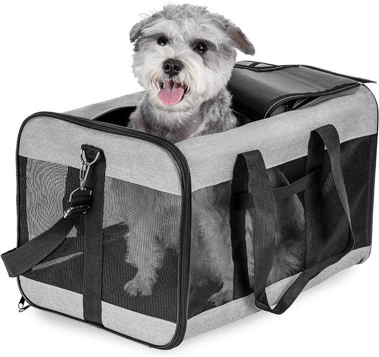 Dog inside a gray pet carrier with a white background