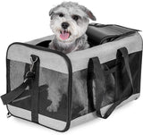 Dog inside a gray pet carrier with a white background
