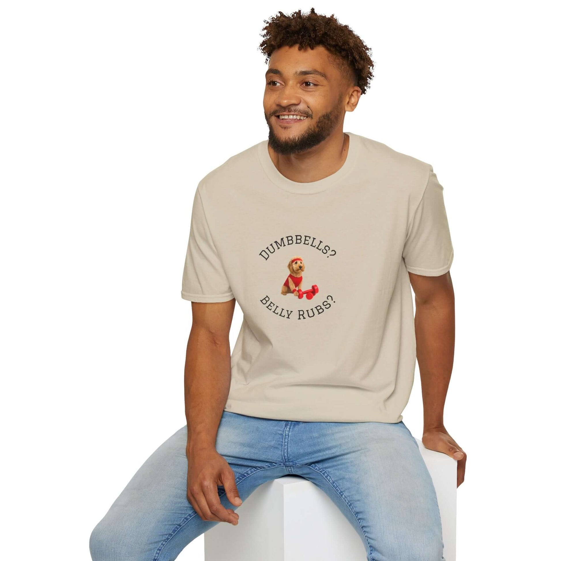 Goldendoodle Dog Lover Workout Tee – “Belly Rubs or Dumbbells?” featuring a cute pup for pet lovers.