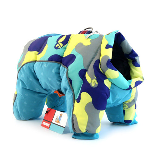 Colorful children's snowsuit with a camouflage pattern on a white background