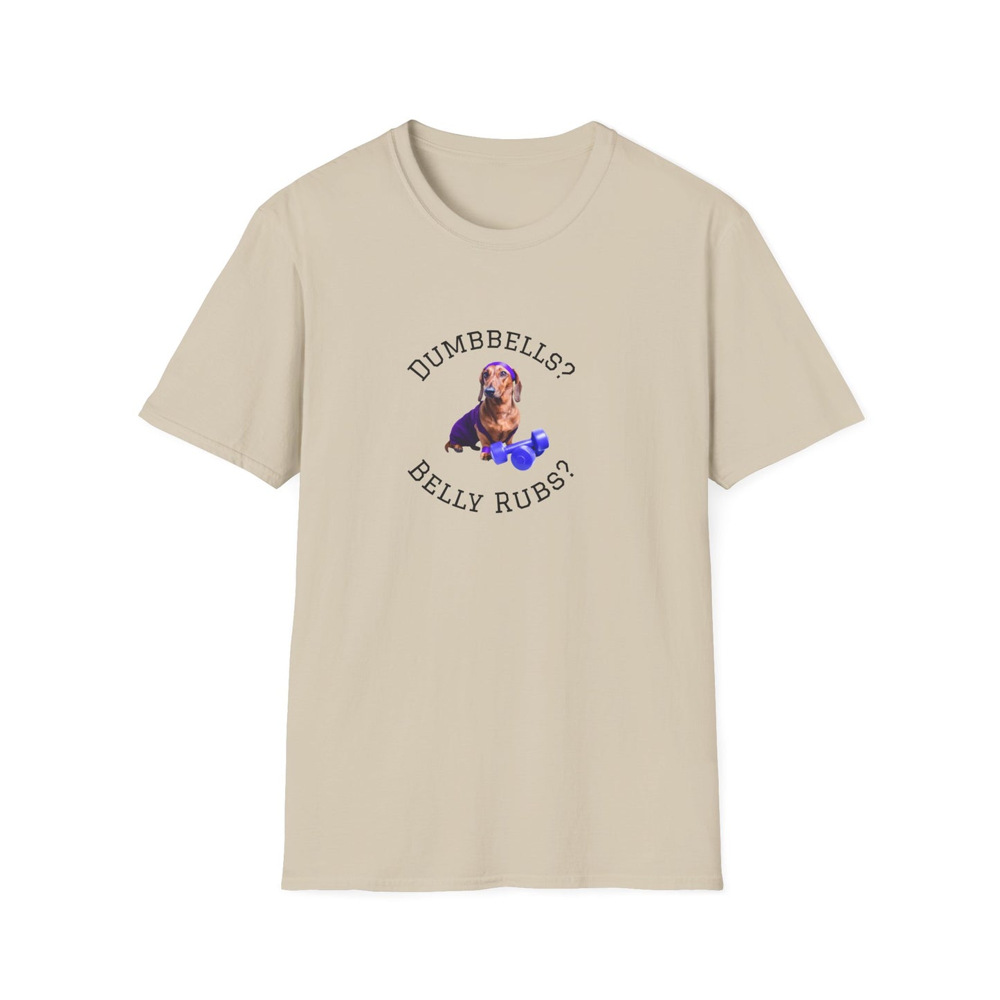 Beige t-shirt with a graphic of a dog and text 'DUMBBELLS? BELLY RUBS?' on a white background