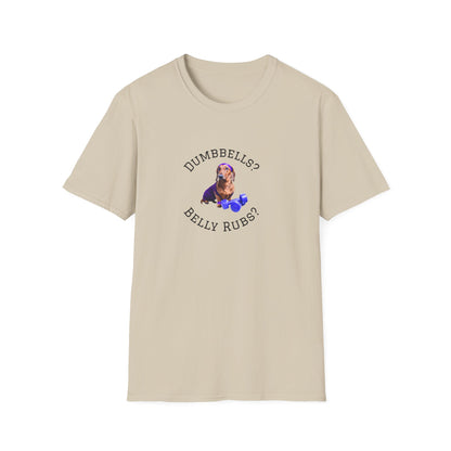 Beige t-shirt with a graphic of a dog and text 'DUMBBELLS? BELLY RUBS?' on a white background