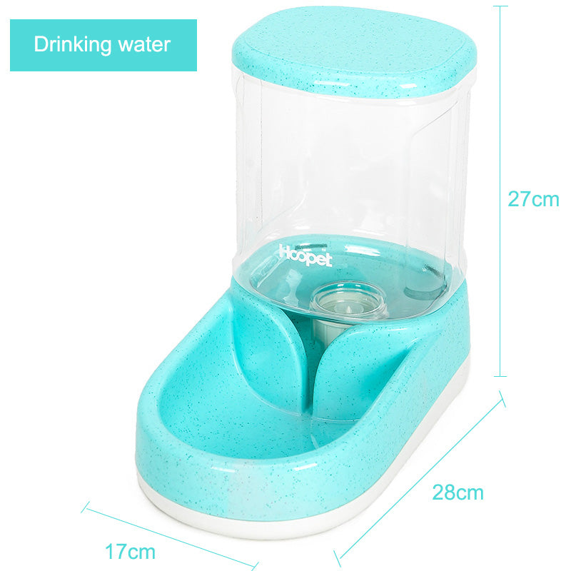 Turquoise pet water fountain with dimensions on a white background