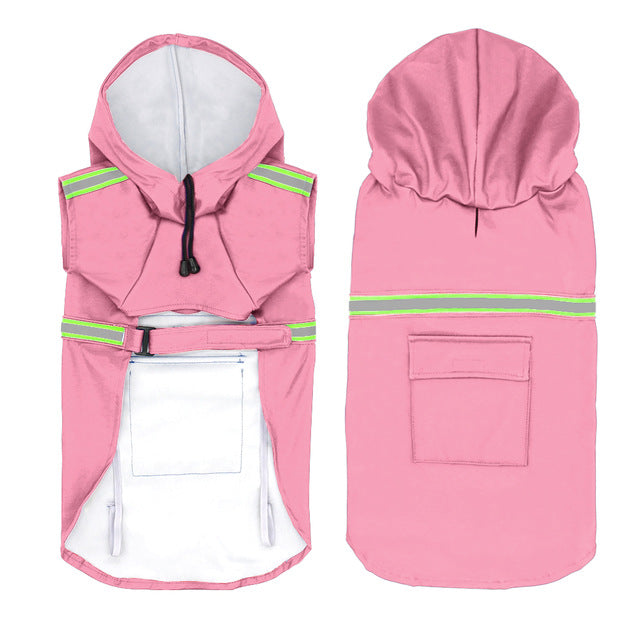 Pink dog raincoat with reflective stripes on a white background