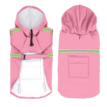 Pink dog raincoat with reflective stripes on a white background