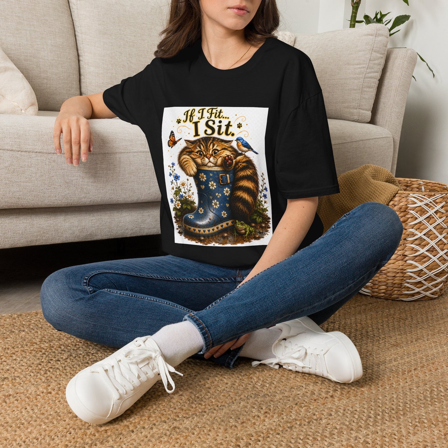 If I Fit... I Sit | Rain Boot Cat Shirt | Funny Gardening Kitty Tee | Cute Cat Lover Gif