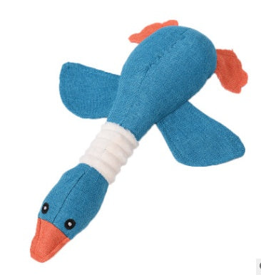 Blue knitted toy resembling a bird on a white background