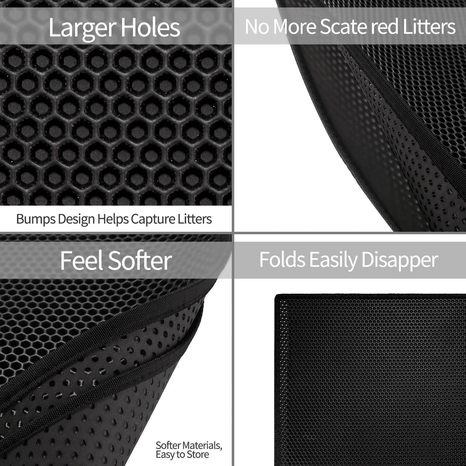 Black pet bed with features highlighted on a white background