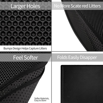 Black pet bed with features highlighted on a white background