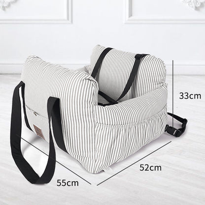 Striped baby seat with black straps and measurements on a white background