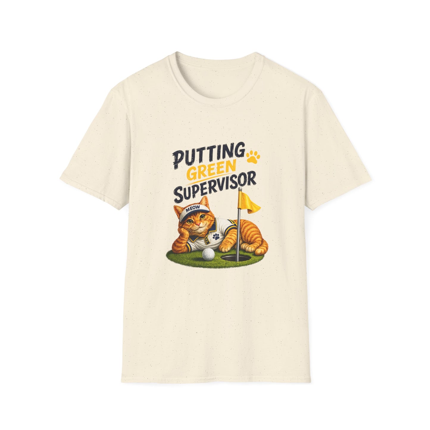 An natural crewneck t-shirt featuring a cartoon graphic of an orange tabby cat dressed as a golf course supervisor, lying next to a golf ball and flag on a green putting green, with the text 'PUTTING GREEN SUPERVISOR'.