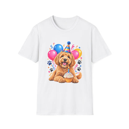 White Birthday Dog T-Shirt featuring party puppy balloons and cupcake