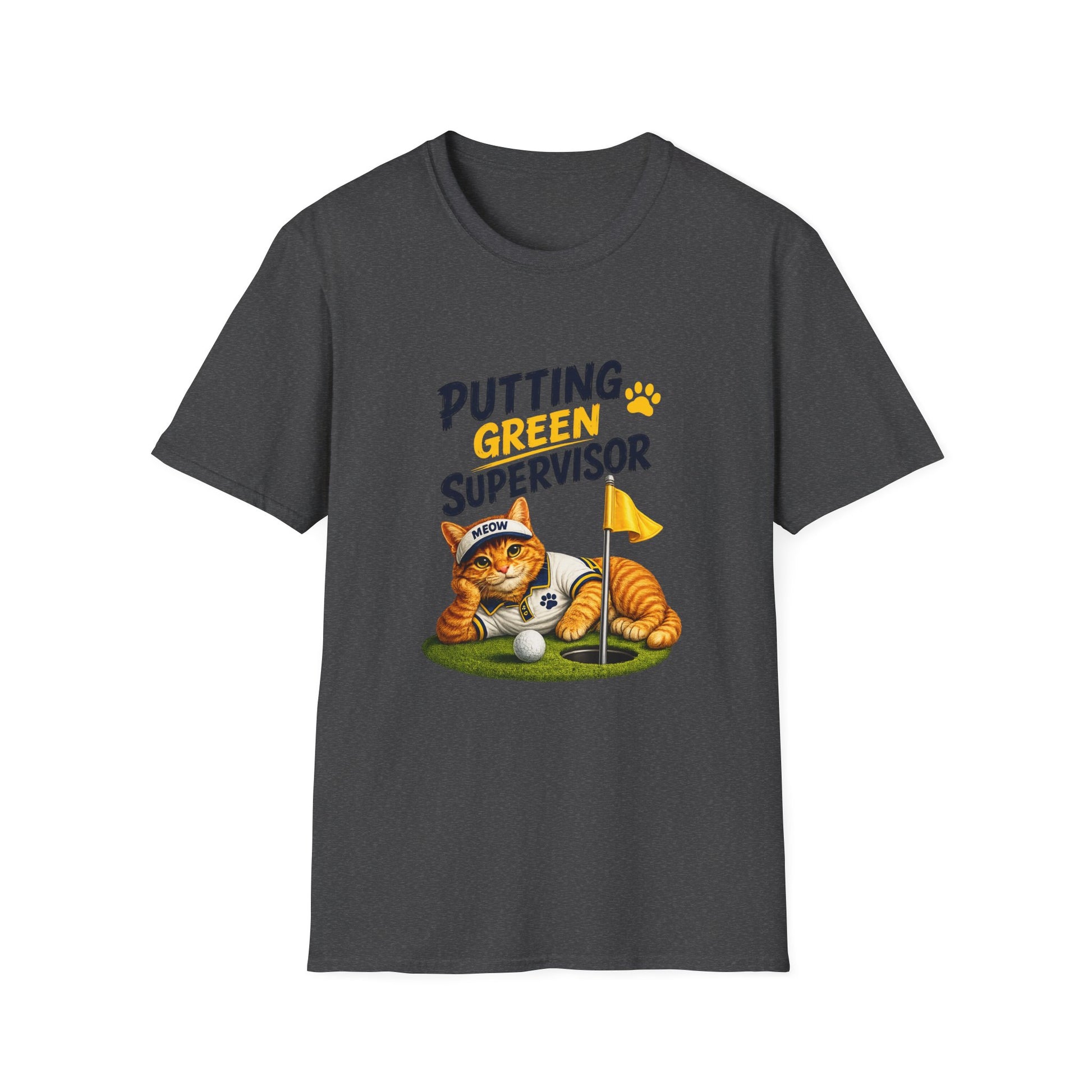 A dark gray crewneck t-shirt featuring a cartoon graphic of an orange tabby cat playing golf on a green, with the text 'PUTTING GREEN SUPERVISOR' and a small paw print.
