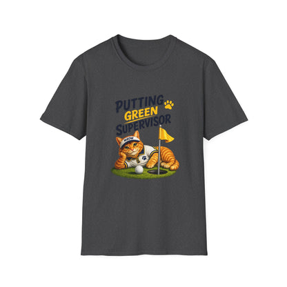 A dark gray crewneck t-shirt featuring a cartoon graphic of an orange tabby cat playing golf on a green, with the text 'PUTTING GREEN SUPERVISOR' and a small paw print.