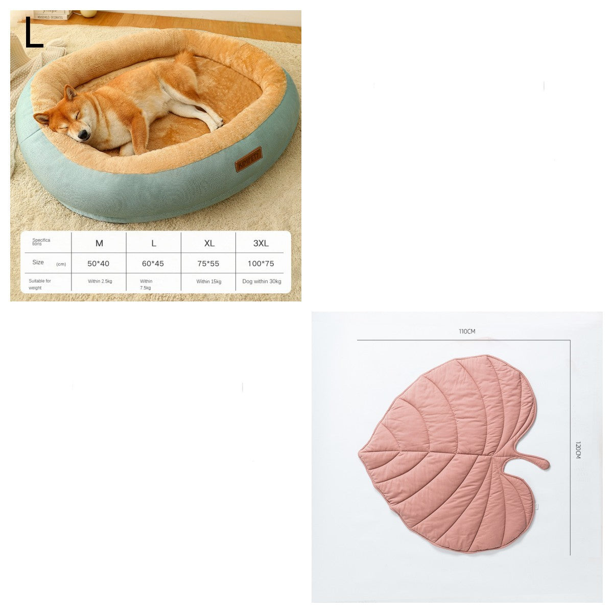 Pet bed with a dog inside, size chart, and pink leaf-shaped mat on a white background.