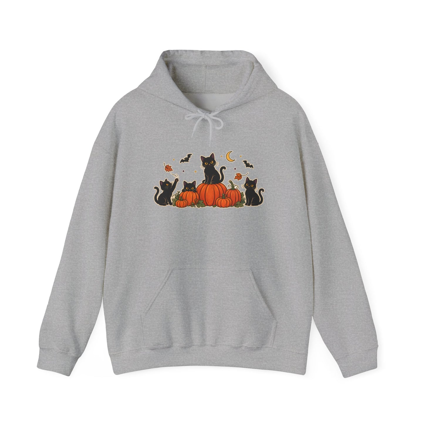 A sport grey pullover hoodie with a front graphic of black cats sitting on orange pumpkins, surrounded by small bats, leaves, and a crescent moon, shown on a plain white background.