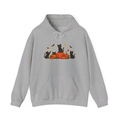 A sport grey pullover hoodie with a front graphic of black cats sitting on orange pumpkins, surrounded by small bats, leaves, and a crescent moon, shown on a plain white background.