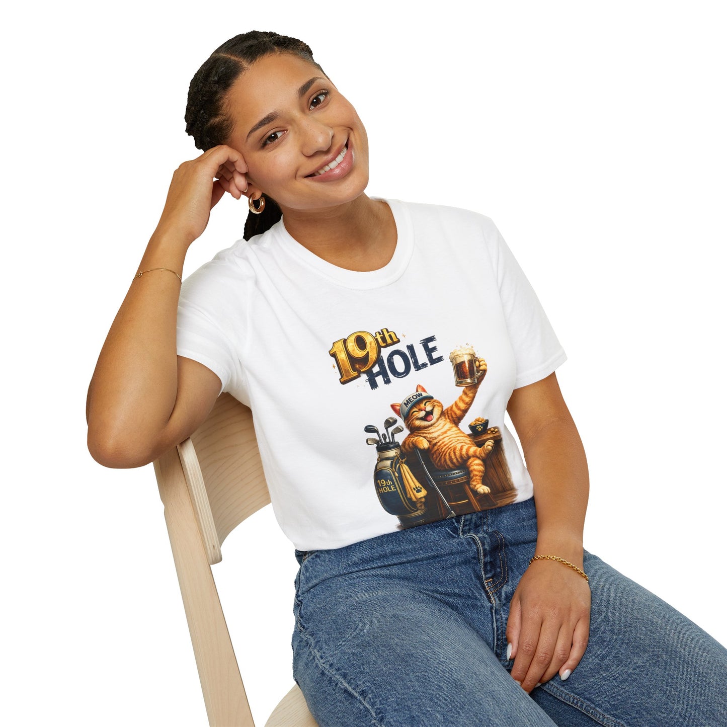 19th Hole funny cat golf T-shirt in white with orange tabby golfer