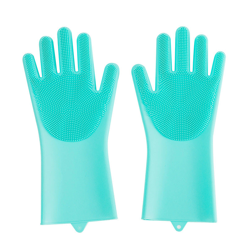 Pair of turquoise silicone gloves on a white background