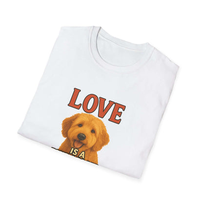 Goldendoodle Tee: "Love Is a Four-Legged Word" for pet lovers, featuring an adorable Goldendoodle design on a soft tee.