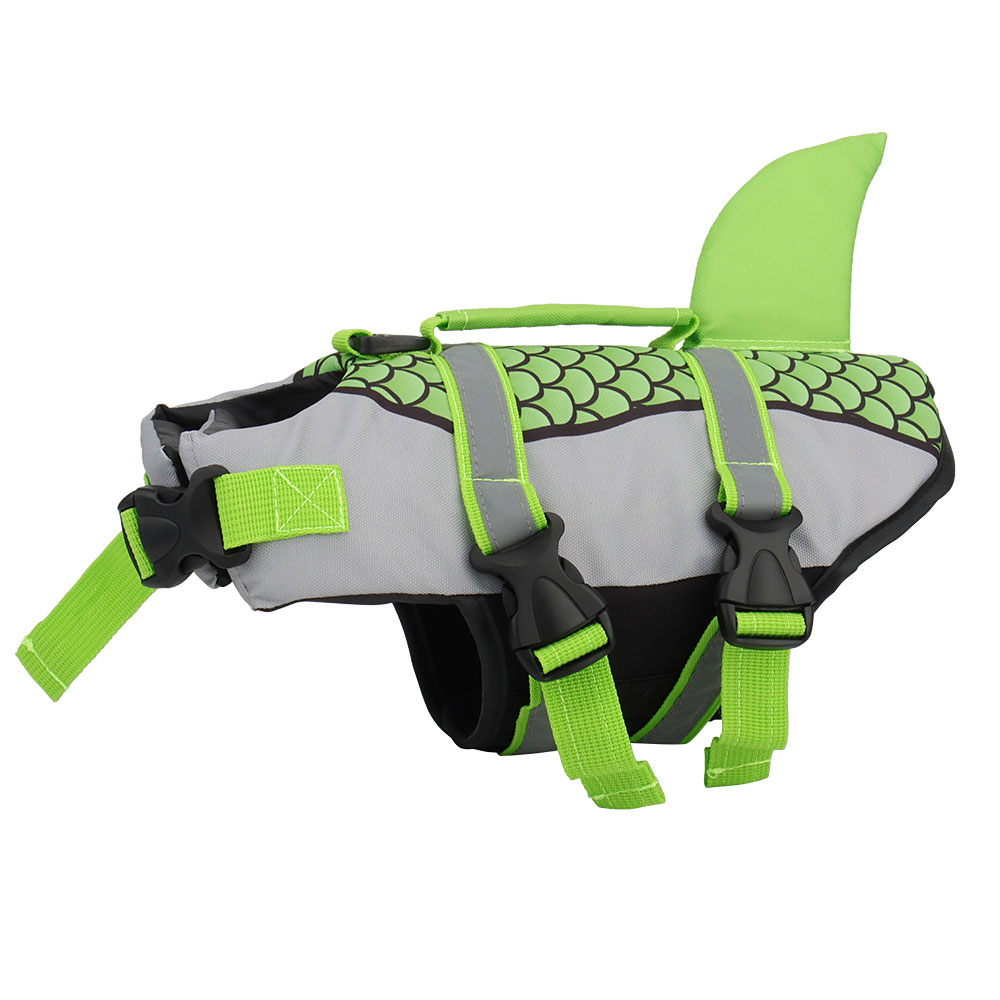 Dog life jacket with green accents and shark fin design on a white background