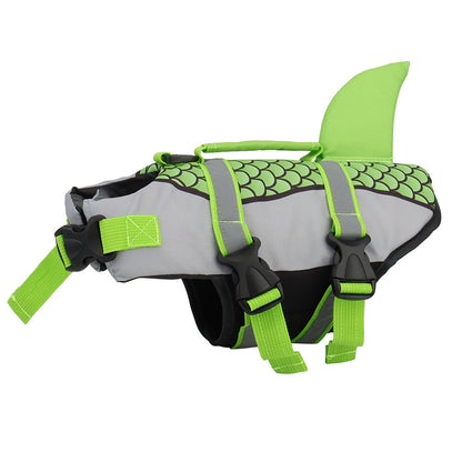 Dog life jacket with green accents and shark fin design on a white background