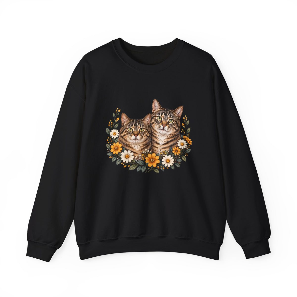 Black crewneck sweatshirt featuring two tabby cats surrounded by orange and white wildflowers