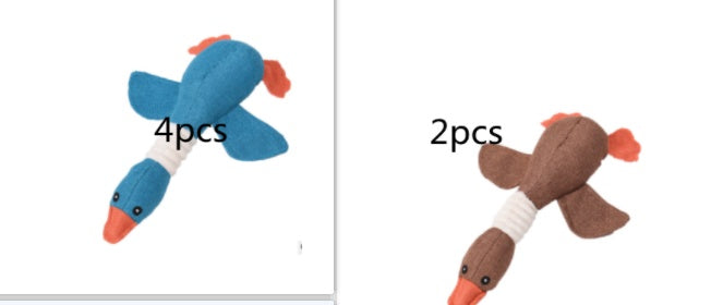 Two sets of dog toys, one blue and two, the other brown and two, on a white background.