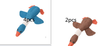 Two sets of dog toys, one blue and two, the other brown and two, on a white background.