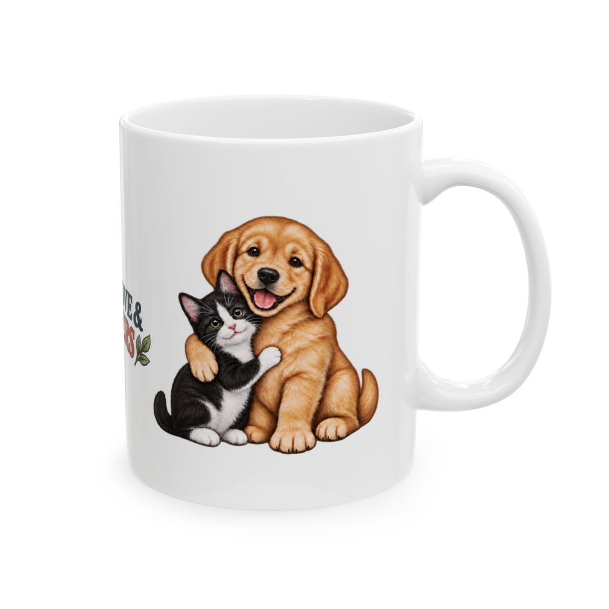 Pet lover gift mug featuring an affectionate puppy and kitten