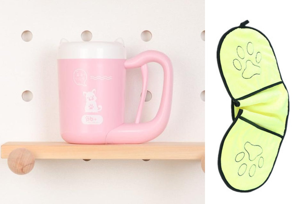 Pink mug on a wooden shelf with a green sleep mask featuring paw prints on a white background