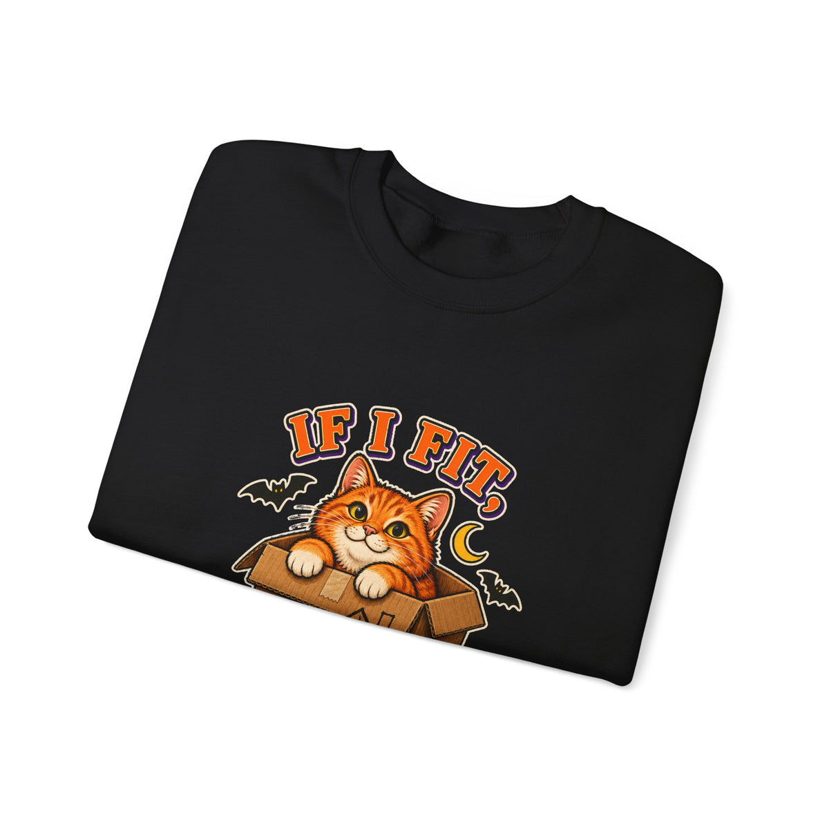 If I Fit I Haunt It Halloween cat sweatshirt in black
Orange tabby in haunted cardboard box on Halloween sweatshirt