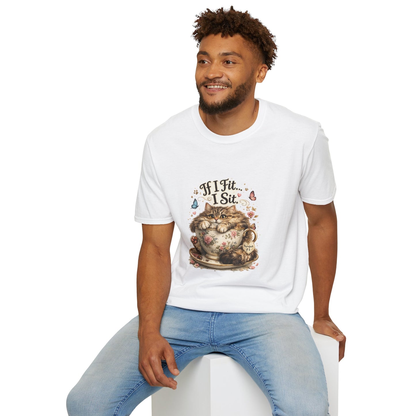 If I Fit... I Sit.™ Coffee Cup Cat Shirt | Funny Coffee Lover Kitty Tee | Cute Cat Lover Gift