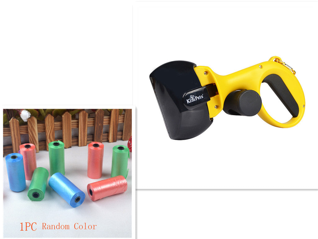 Yellow and black dog leash handle with colorful plastic bags on a white background