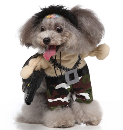 Dog wearing a costume with a backpack and toy gun on a white background
