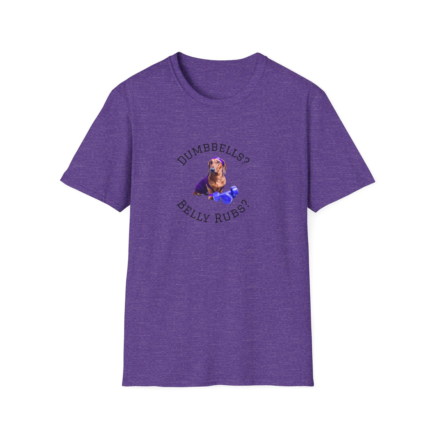 Purple t-shirt with a dog graphic and text on a white background