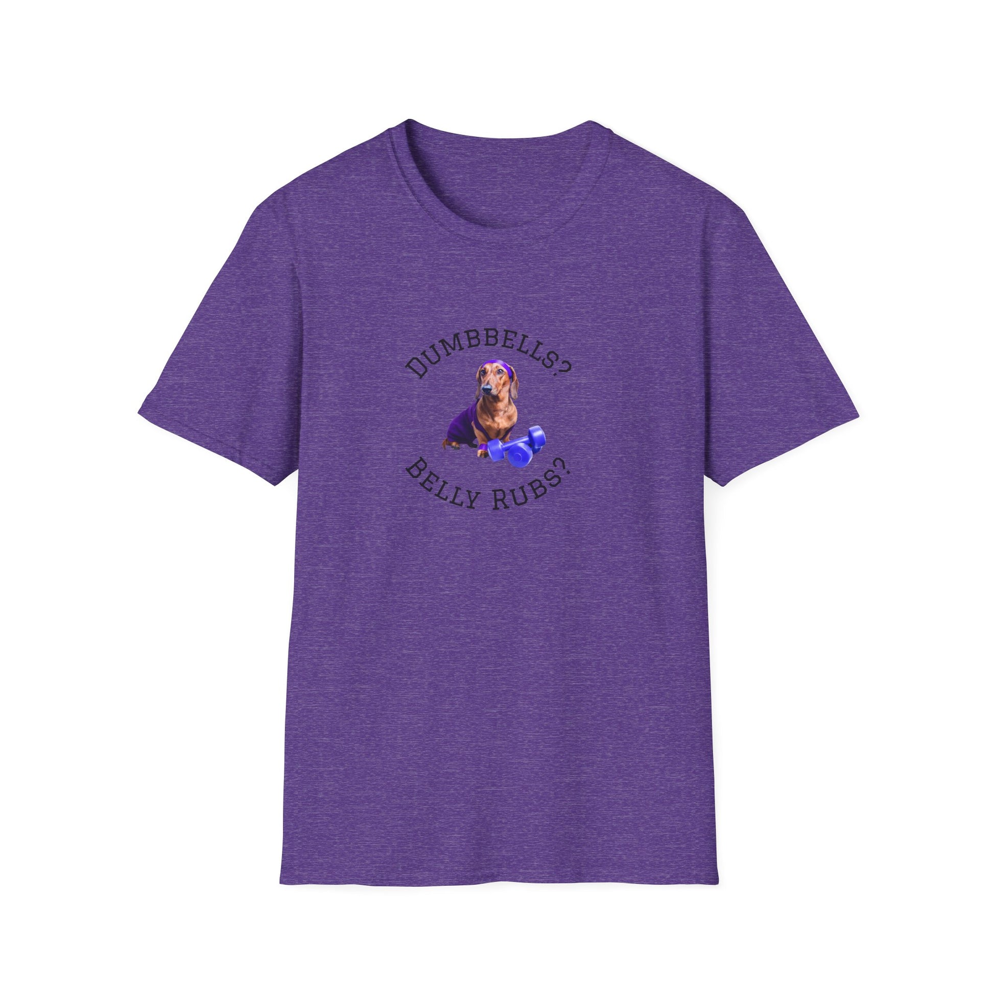 Purple t-shirt with a dog graphic and text on a white background