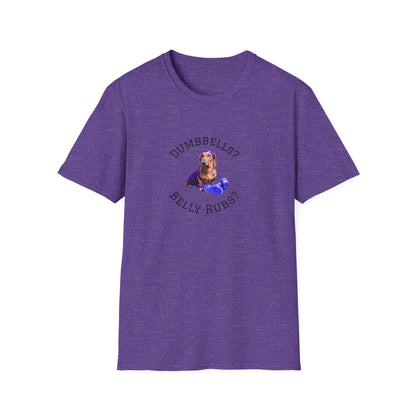 Purple t-shirt with a dog graphic and text on a white background
