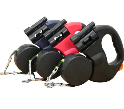Retractable dog leashes in black, red, and blue on a white background