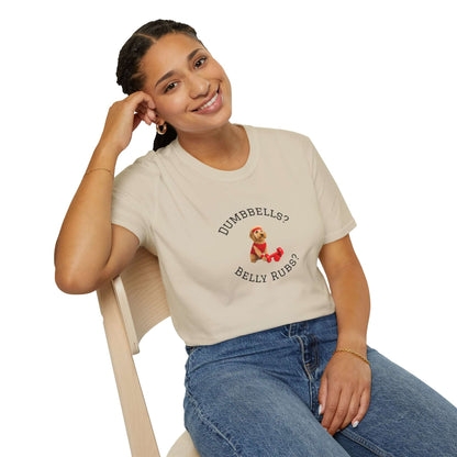 Goldendoodle Dog Lover Workout Tee – “Belly Rubs or Dumbbells?” featuring a smiling woman in a cute dog-themed shirt.