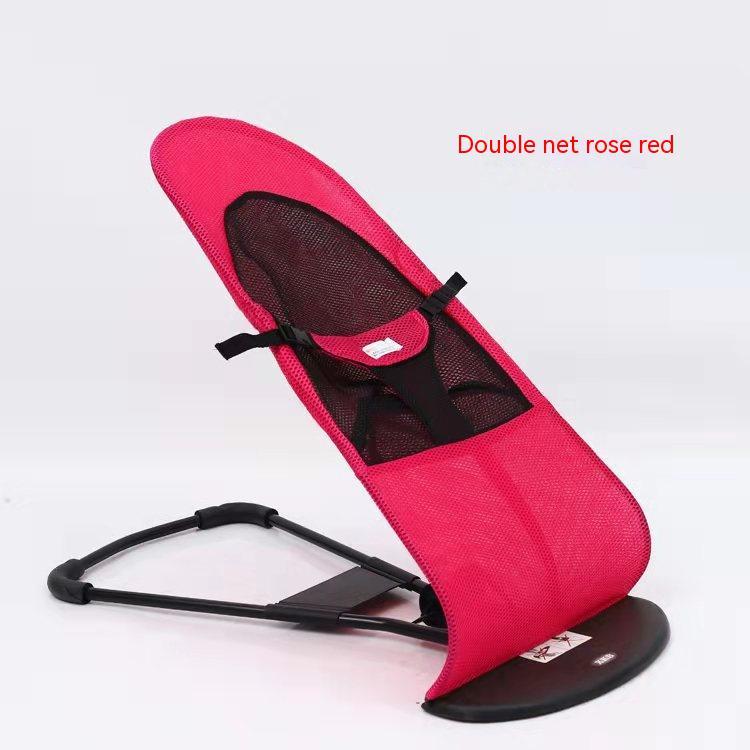 Pink baby bouncer with black mesh on a white background