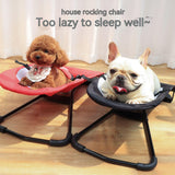 Two dogs on pet rocking chairs with a humorous text overlay.