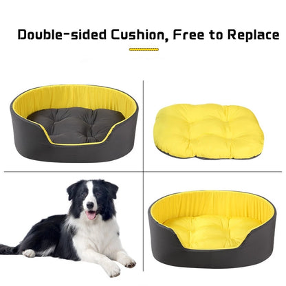 Dog bed with yellow and black sides, showing a dog lying on it.